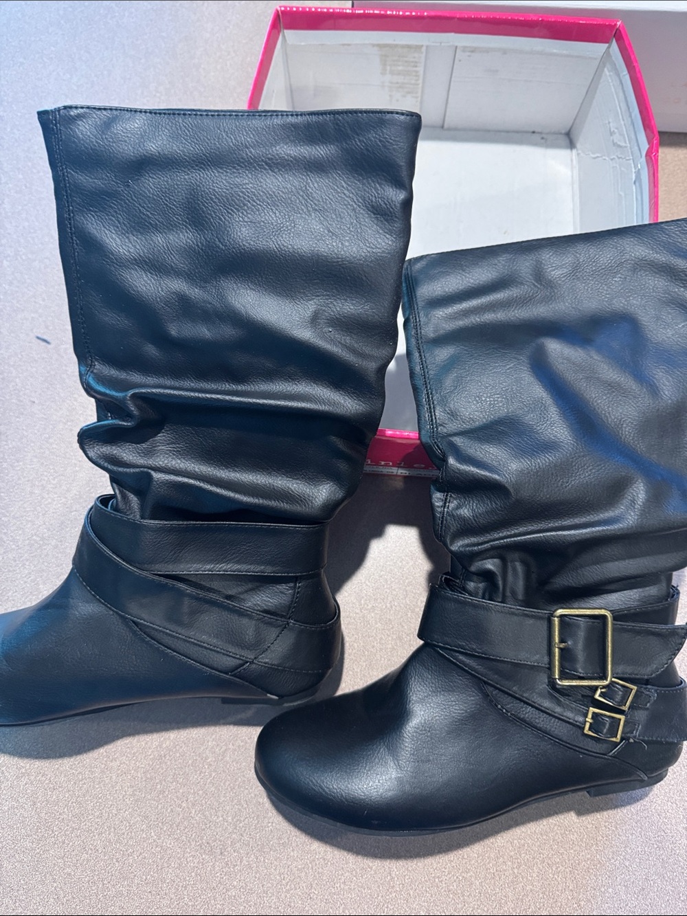 Women's Black Mid-Calf Slouch Boots with Buckle Accent